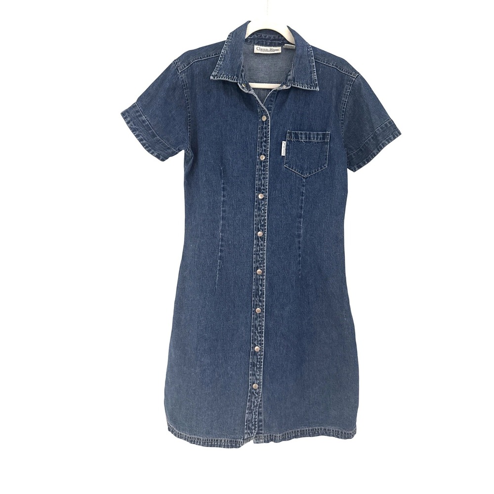 Classic Blues 90s Denim Dress Snap Front Retro Western Chic Collared Blue Medium